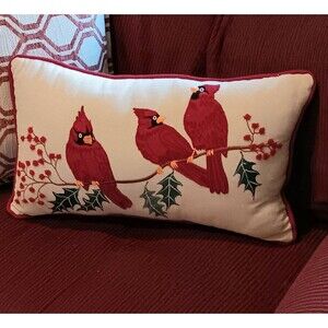 Cardinal Embroidered Lumbar Pillow Off White Green & Red Berries Holiday 18x12